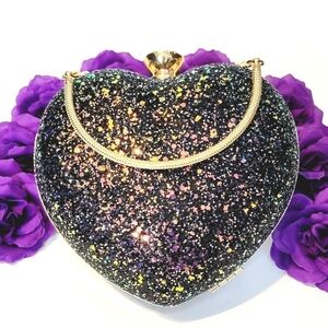 Glitter Heart Clutch Bag - Black and Gold